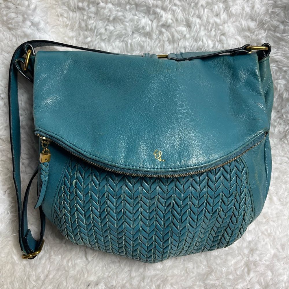 Elliott Lucca leather dark Blue flap over woven pattern shoulder bag